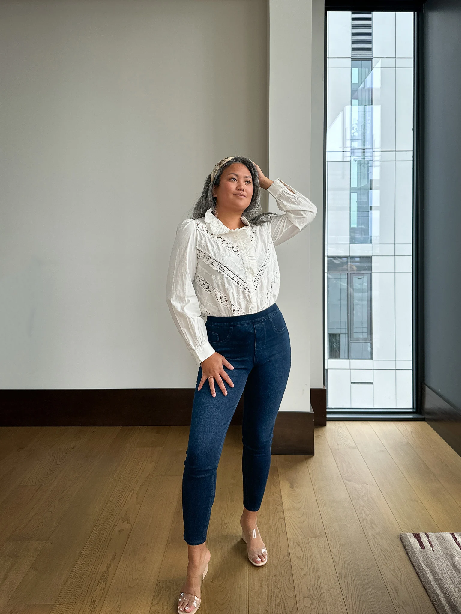 SPANX Jeanish Leggings Twilight Blue Sezane Lou Blouse Raye Bardot Heels