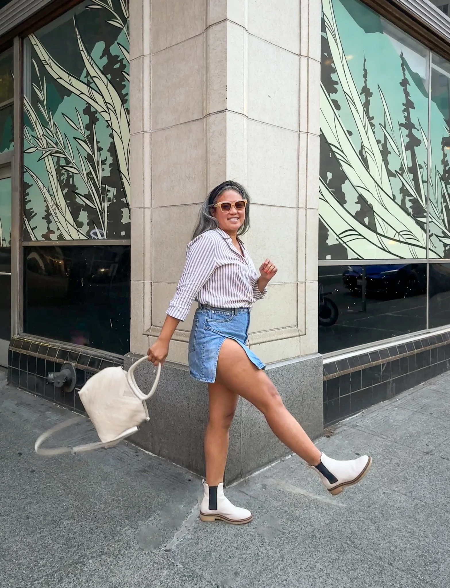 Sezane Tomboy Shirt Review GRLFRND Jasmine Skirt Latico Leathers Dalton Handbag RAEN Sunglasses kick