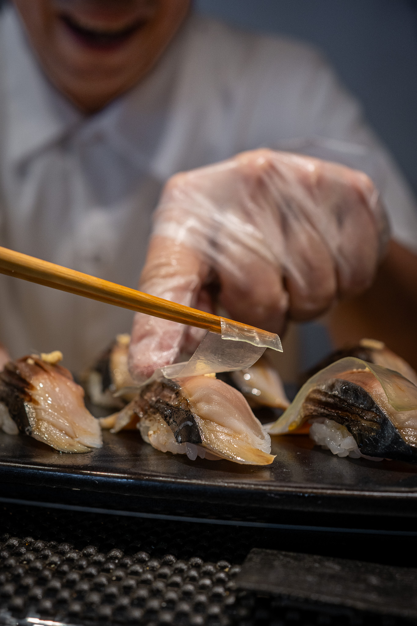 Chef Taro finishes Shiros Sushi Omakase Shime Saba Vinegar Marinated Mackeral