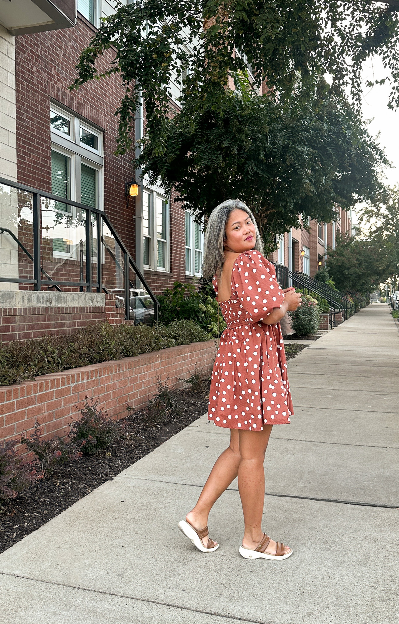 Abercrobie Emerson Puff Sleeve Mini Dress Polka Dot Brown Kuru Coda Sandals