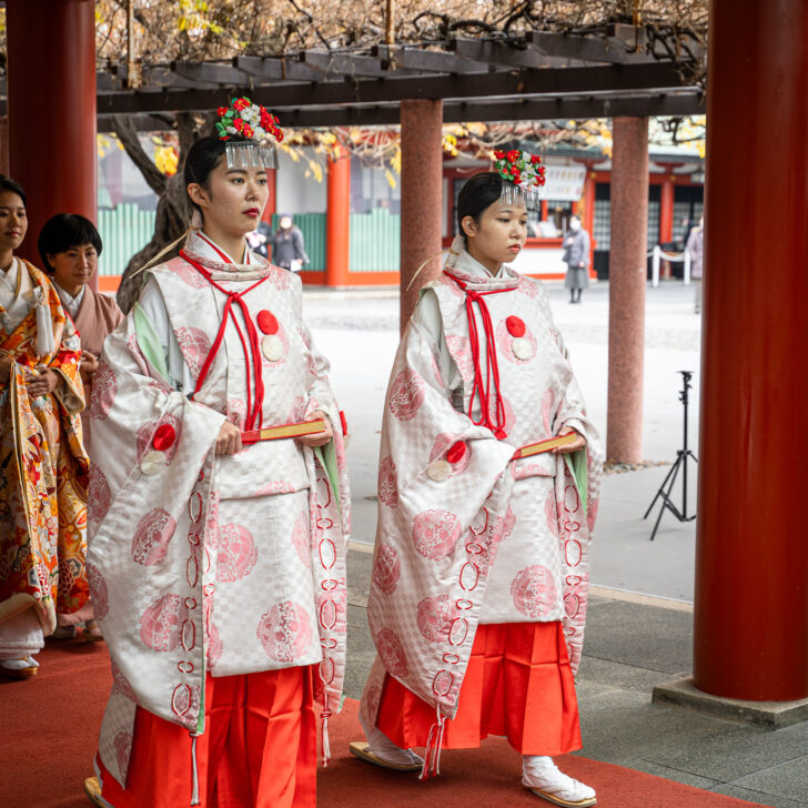 women in traditional kimono in temple