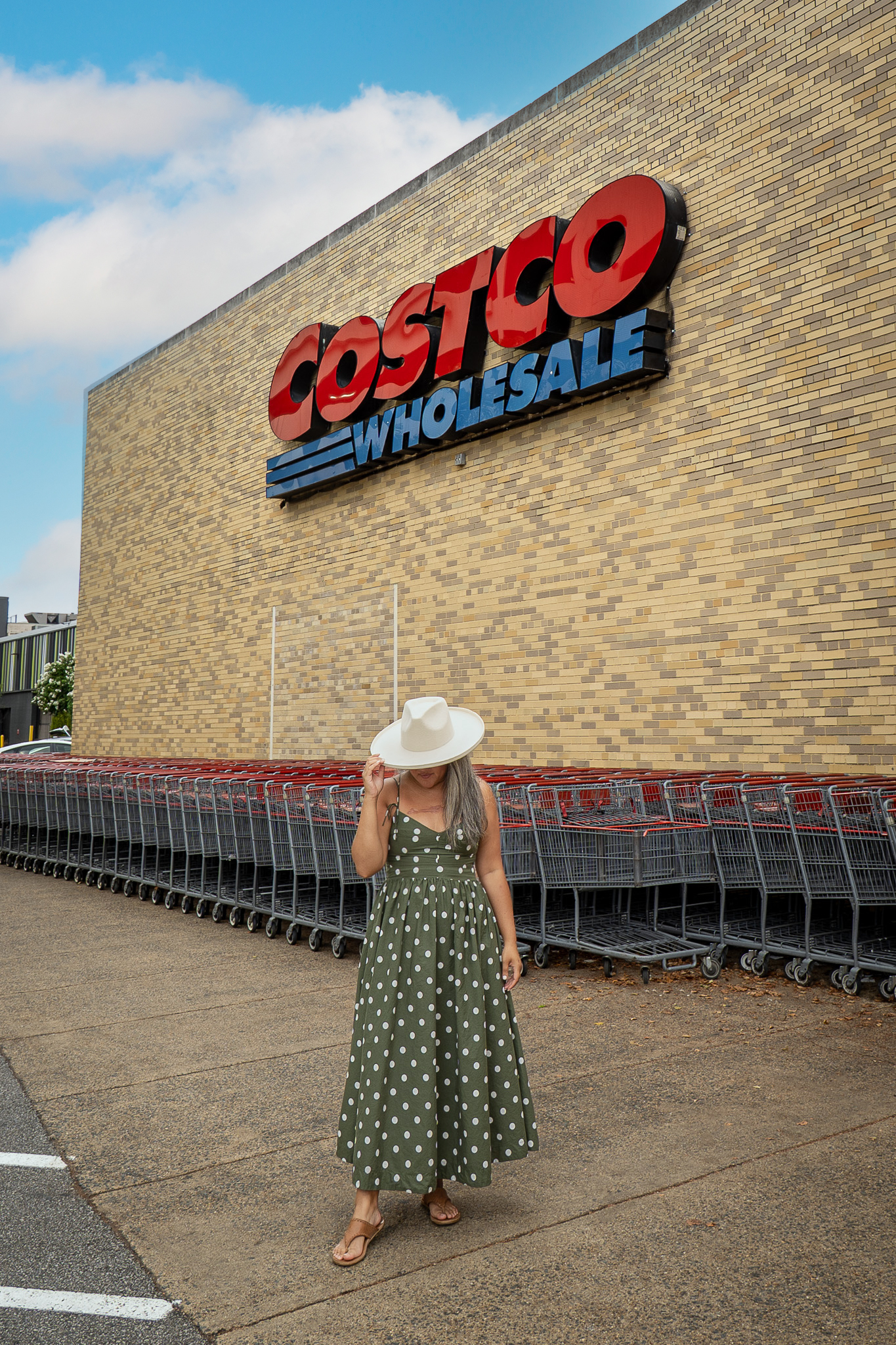 costco grocery store photoshoot hat down en saison polka dot dress