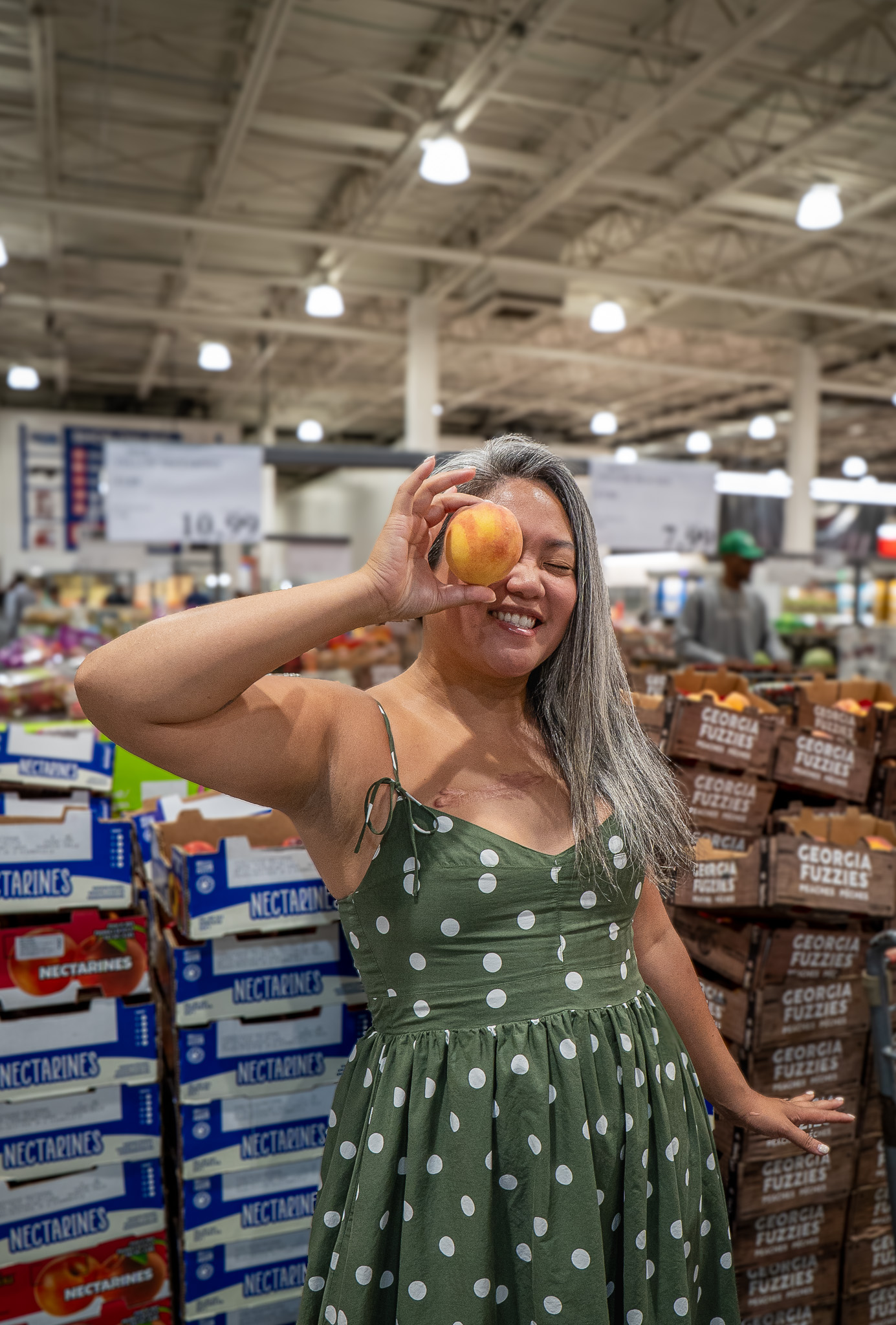 peach season costco photoshoot gray hair asian