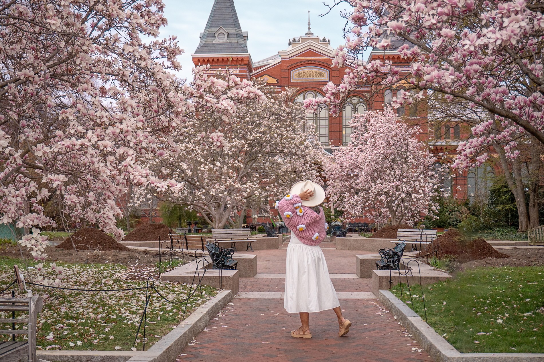 Enid A Haupt Magnolia Garden in Washington DC Gigi Pip Hat Heyays Daisy Cardigan REVOLVE More to Come Theresa Dress Kuru Sandals