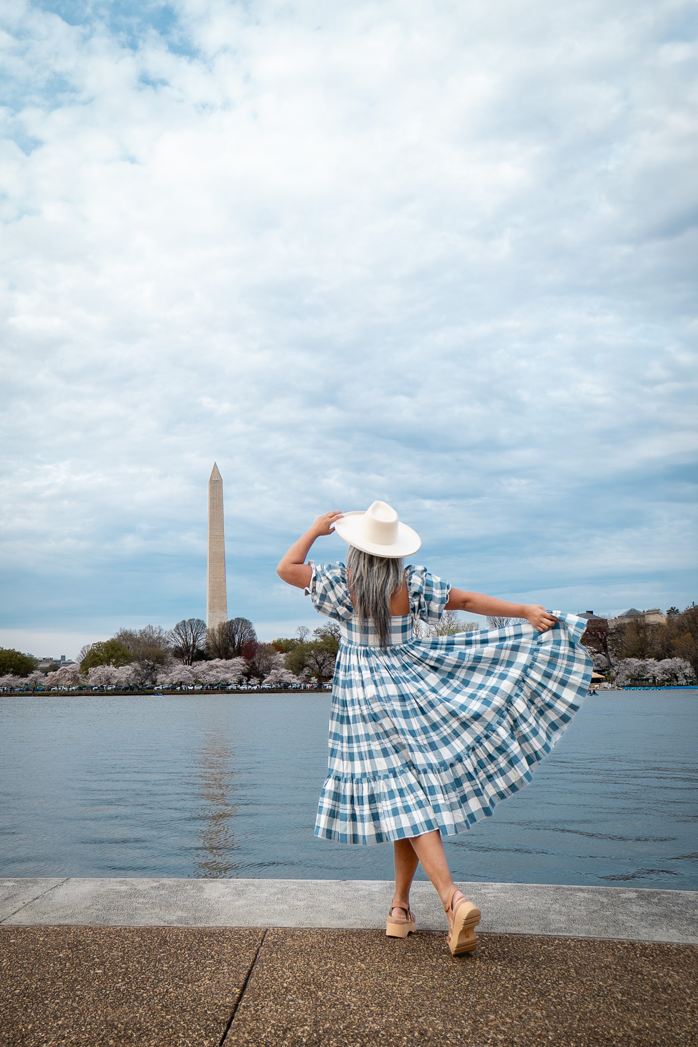 cherry blossom washington DC Monument Tidal Basin Selkie tea towel french puff Gigi pip Amelia felt hat Kuru Sandals