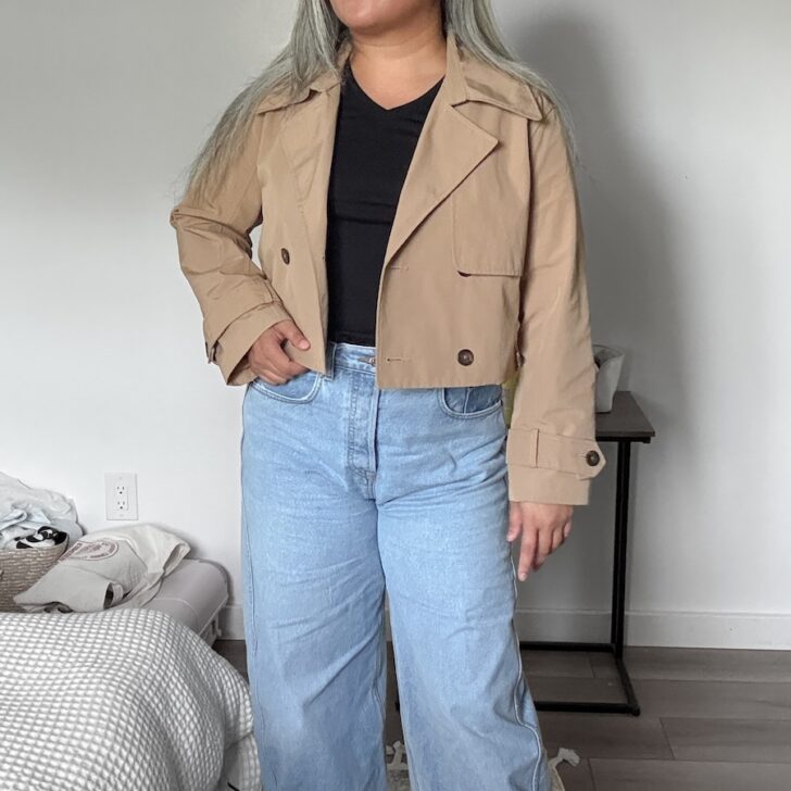 Abercrombie and Fitch Cropped Trench Coat GRLFRND Barrel Jeans REVOLVE Fall Outfit Idea